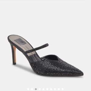 Kanika Crystal Heels in Black Metallic Fabric. Size 7.5